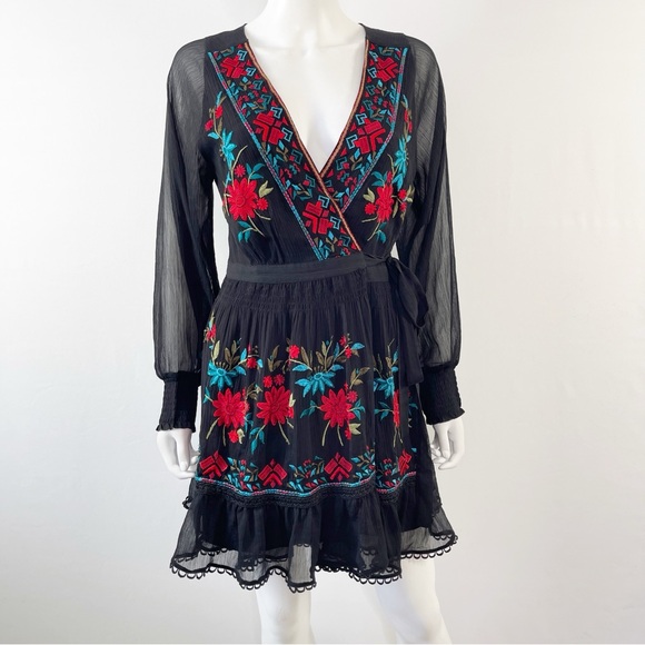 Anthropologie Dress Black Embroidered Wrap Not So Serious Size S Long Sleeve - Picture 2 of 13